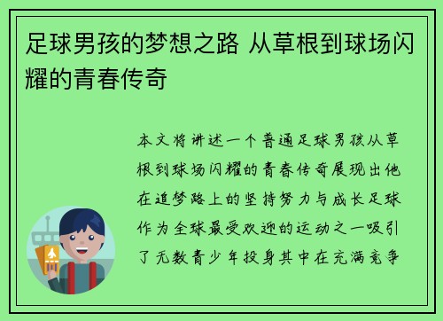 足球男孩的梦想之路 从草根到球场闪耀的青春传奇