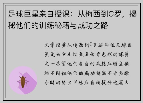 足球巨星亲自授课：从梅西到C罗，揭秘他们的训练秘籍与成功之路